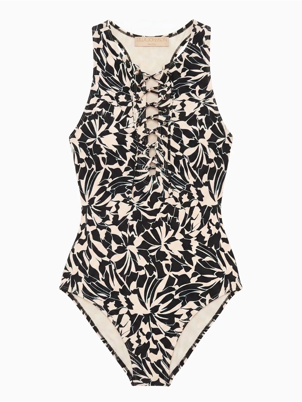 Ulla Johnson Black & Cream Floral Lace-Up One-Piece